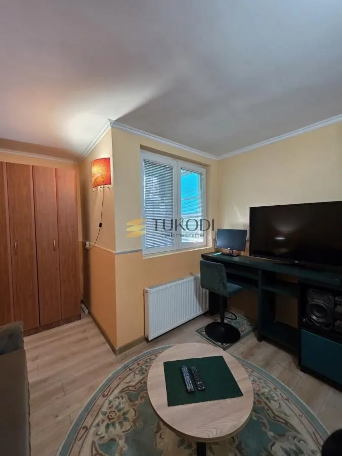 Living room with a desk, television, and wooden wardrobe.