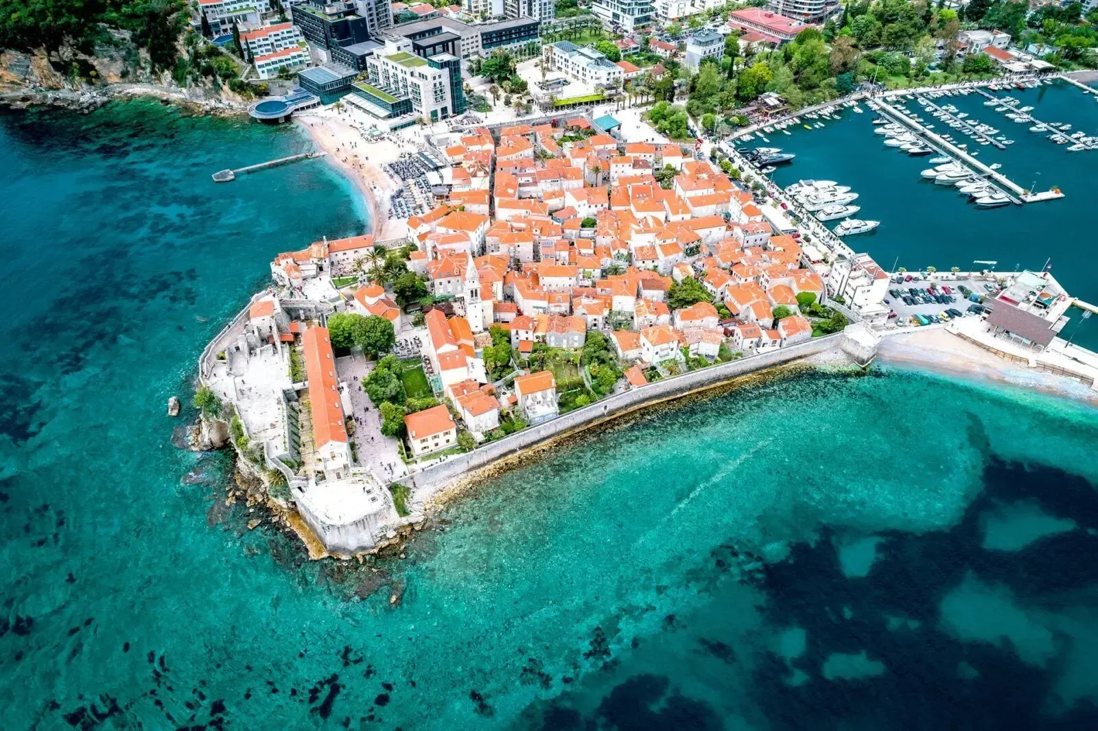 Aerial view of the historic old town and the coast.