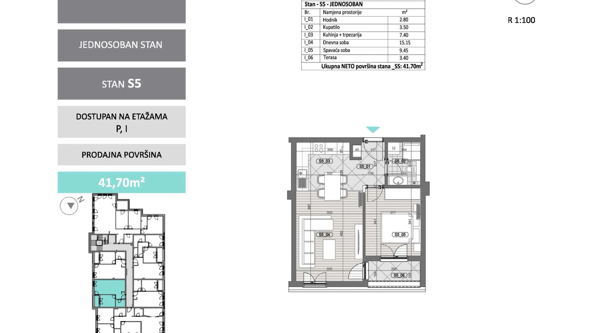 Sale, one bedroom apartment, 42m², Centar, Podgorica