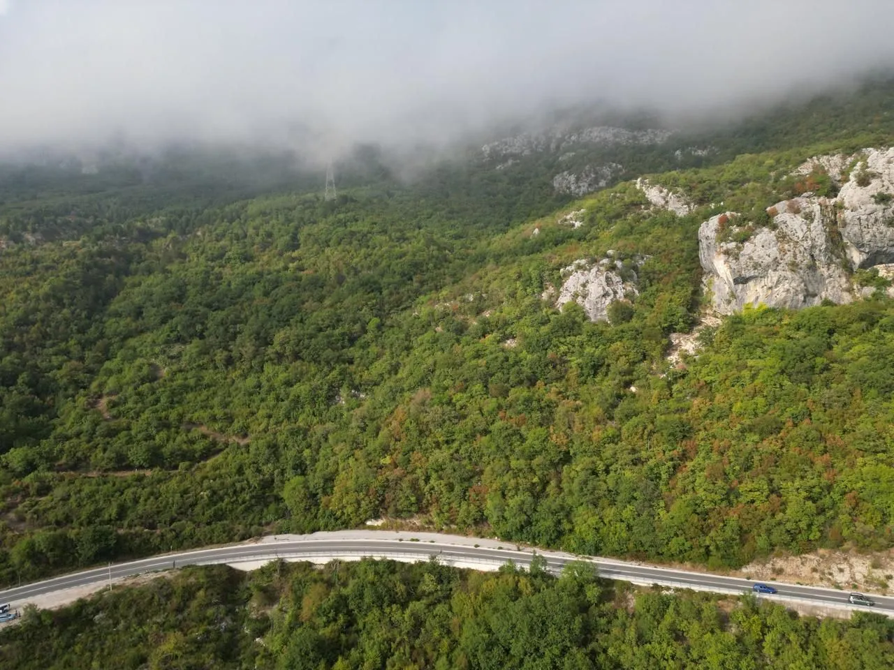 Pogled iz vazduha na šumovite planinske predjele i put u podnožju.