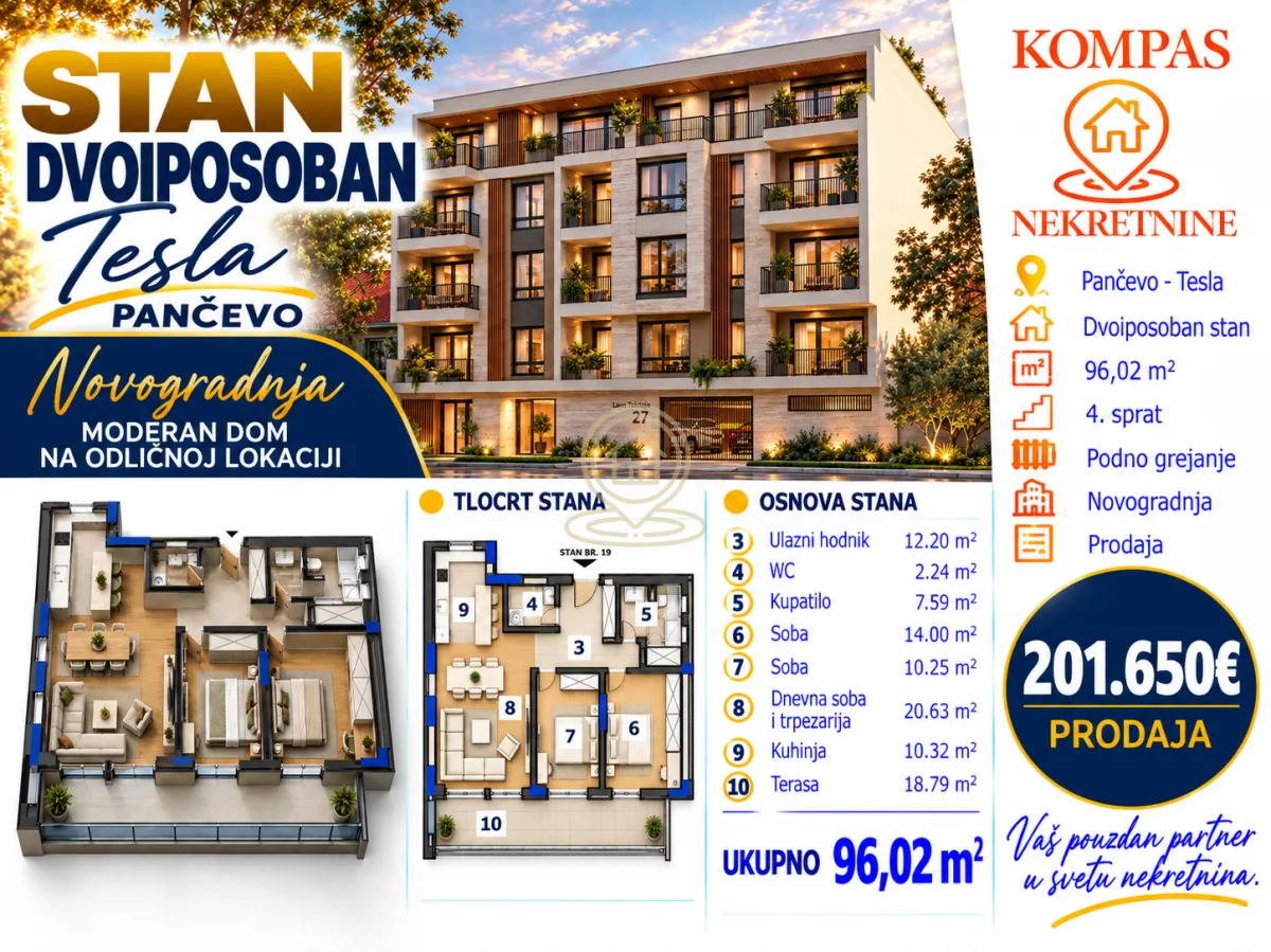 Grafički prikaz osnove stana sa rasporedom prostorija i kvadraturom.