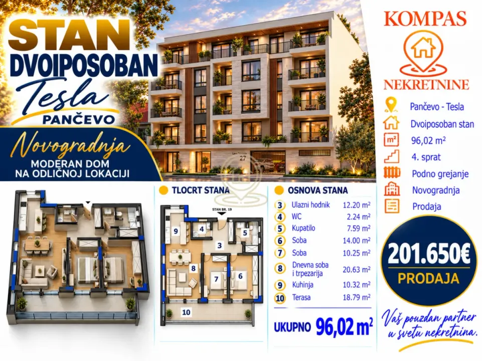 Sale, two bedroom apartment, 96m², Tesla, Pančevo