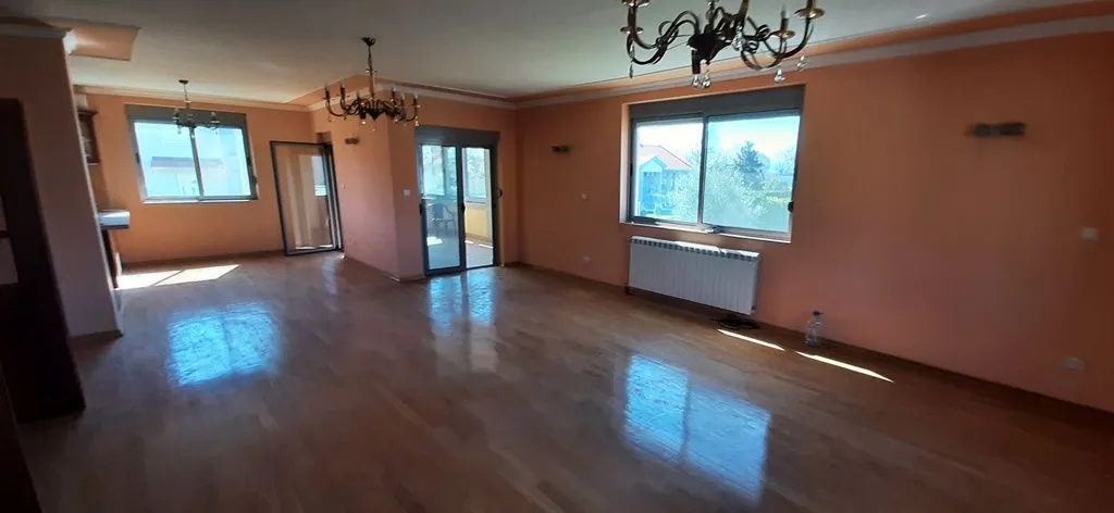 Spacious empty living room with parquet flooring and multiple windows.