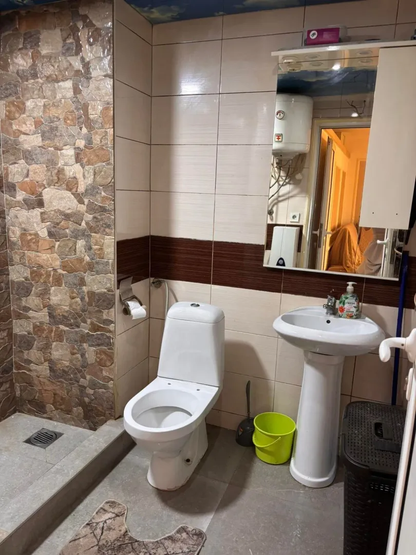 Smaller bathroom with a sink, toilet, and shower area.