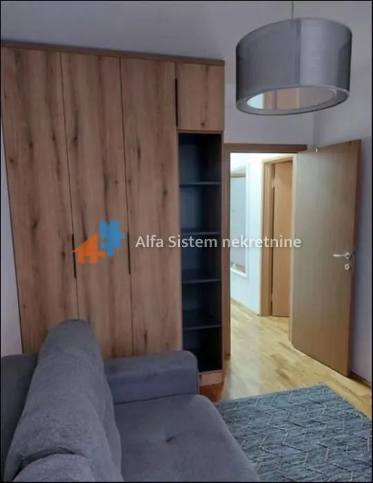 Living room with a large wooden wardrobe, grey sofa, and a view of the hallway.