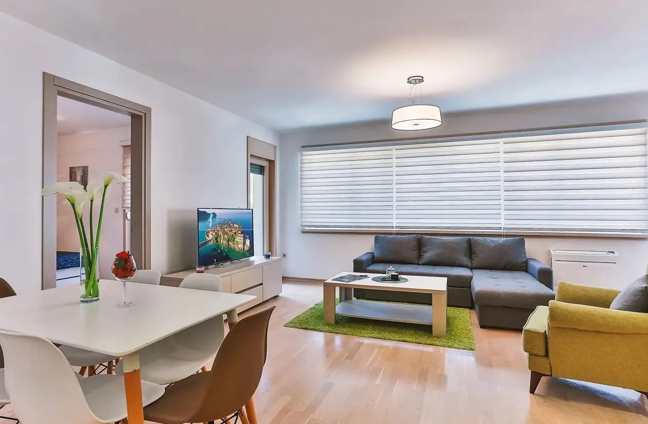 Living room with a sofa, TV, and dining table.