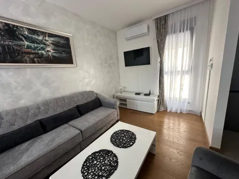 Dnevna soba sa garniturom, stočićem, televizorom i prozorom sa zavjesama. - image 2