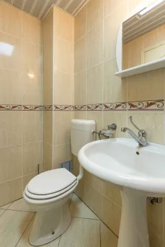Manje kupatilo obloženo keramičkim pločicama sa umivaonikom i šoljom. - image 7
