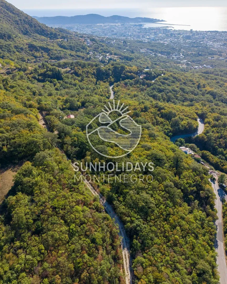 Pogled iz vazduha na brdoviti pejzaž sa šumom i pogledom na grad i more u pozadini.