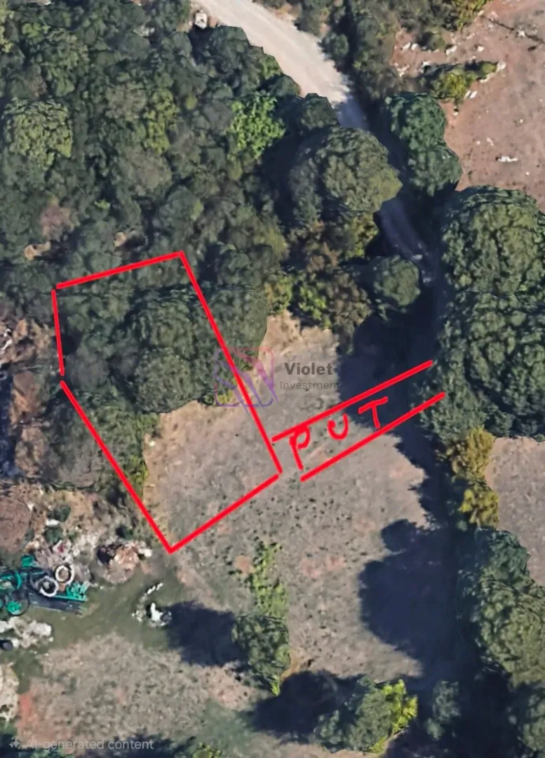 Satelitski snimak zemljišta sa označenim granicama parcele i pristupnim putem.