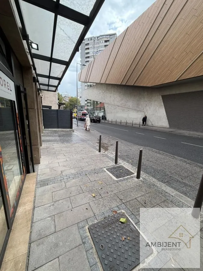 View of the street and the exterior of the building.