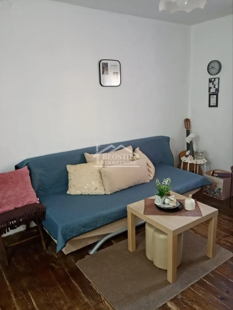 Living room with a blue sofa, wooden coffee table, and decorative pillows.