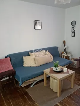 Living room with a blue sofa, wooden coffee table, and decorative pillows. - image 11