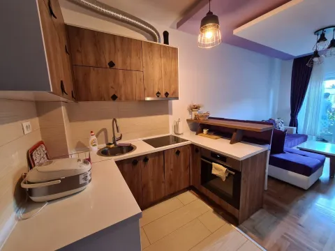 Small kitchen with wooden cabinetry integrated into the living room. - image 6