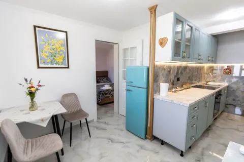 Small kitchen in bright tones with a turquoise refrigerator and a dining table. - image 15
