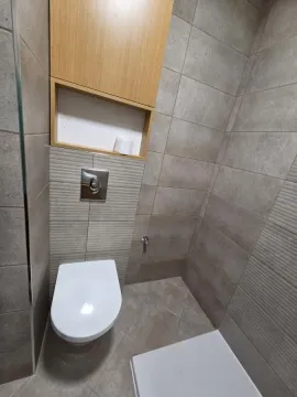 Moderno kupatilo sa wc šoljom i zidnim ormarićem u sivo-bež tonovima. - image 10