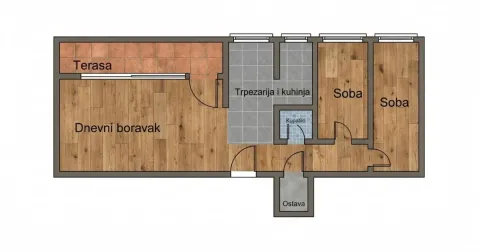 Osnova stana prikazuje raspored prostorija i terasu. - image 8