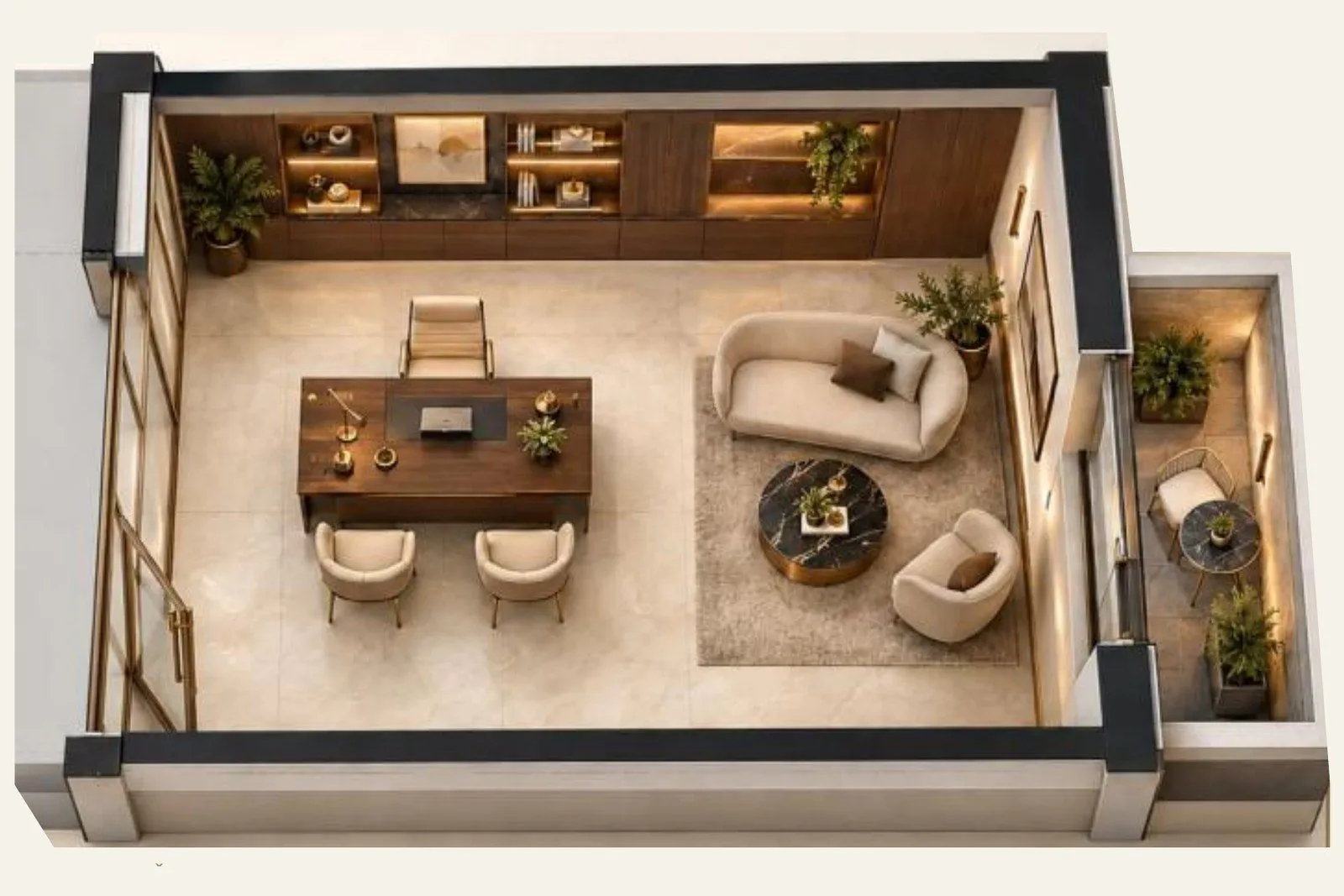 Three-dimensional view of a modern living room with a desk and a terrace.