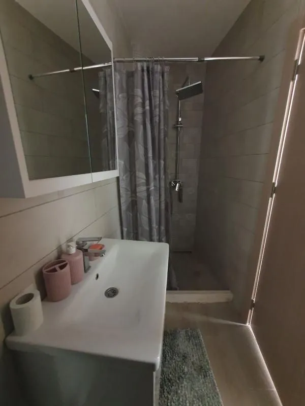 Bathroom with a washbasin, mirror and a shower cabin with a curtain.