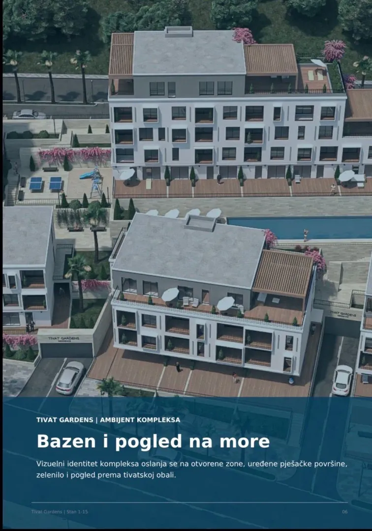 Prikaz eksterijera stambenog kompleksa sa bazenom i uređenim dvorištem.