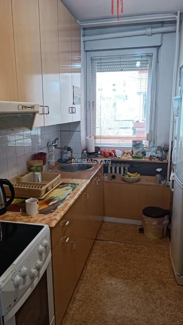 Manja kuhinja sa drvenim elementima, sudoperom i prozorom.
