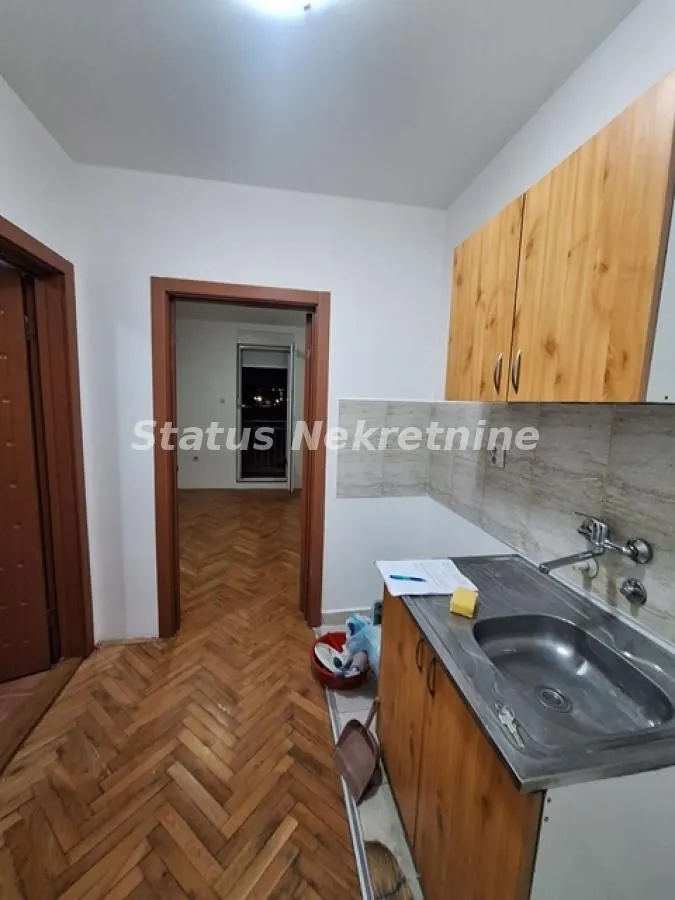 Manja kuhinja sa drvenim elementima i sudoperom.