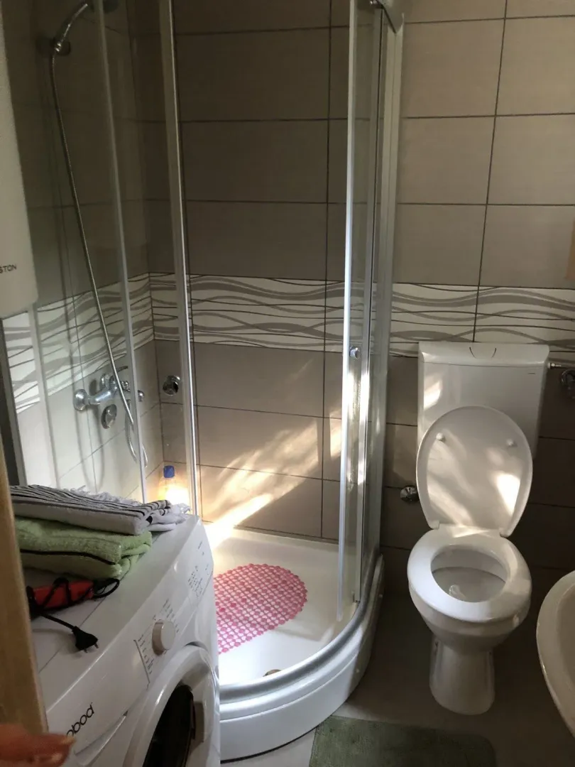 Jednostavno kupatilo sa tuš kabinom i veš mašinom.