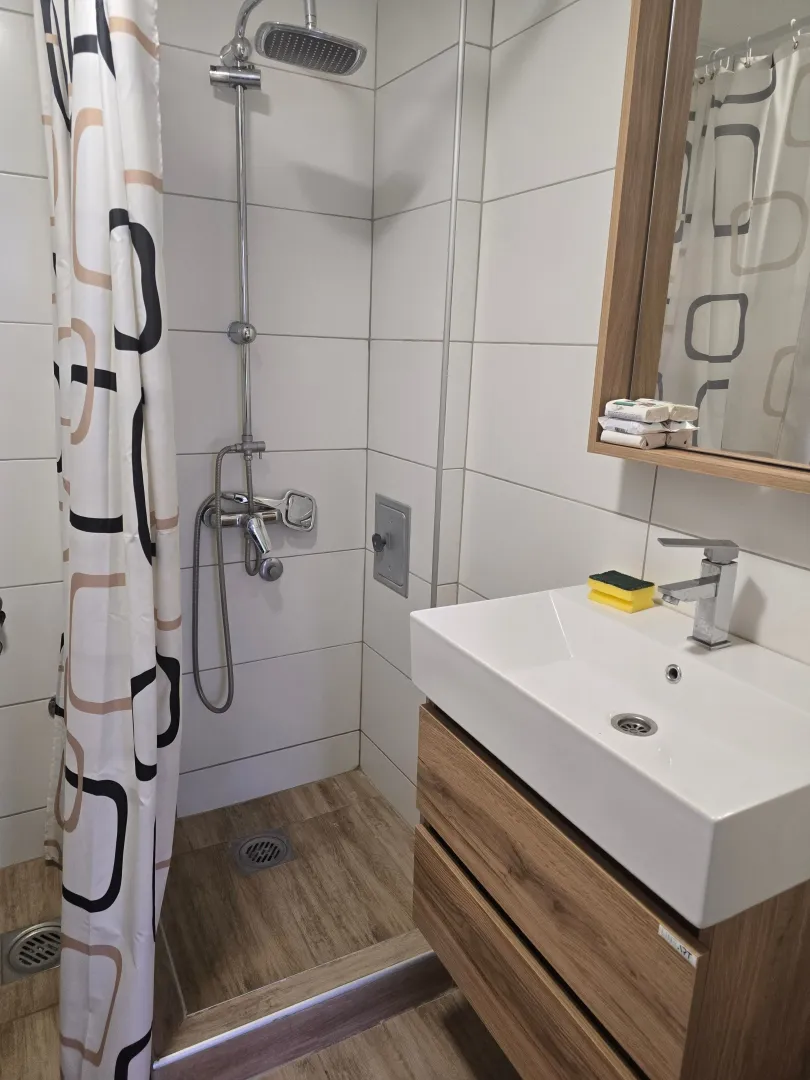 Moderno opremljeno kupatilo sa tuš kabinom i umivaonikom.