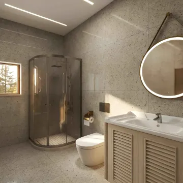 Modernly equipped bathroom with a shower cabin, washbasin, and toilet. - image 15