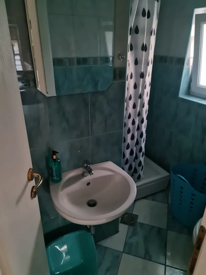 Manje kupatilo sa umivaonikom i tuš kabinom sa zavesom.