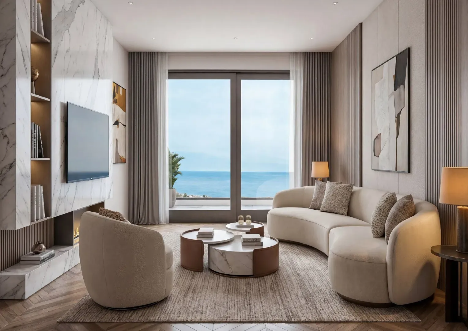 Modern and bright living room with a sea view.