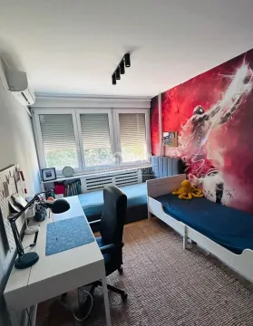 Dečja soba sa dva kreveta, radnim stolom i tapetom sa motivom košarkaša. - image 10