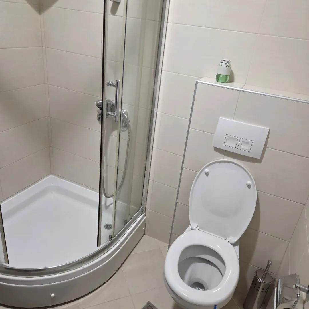 Bathroom equipped with a shower cabin and a toilet.