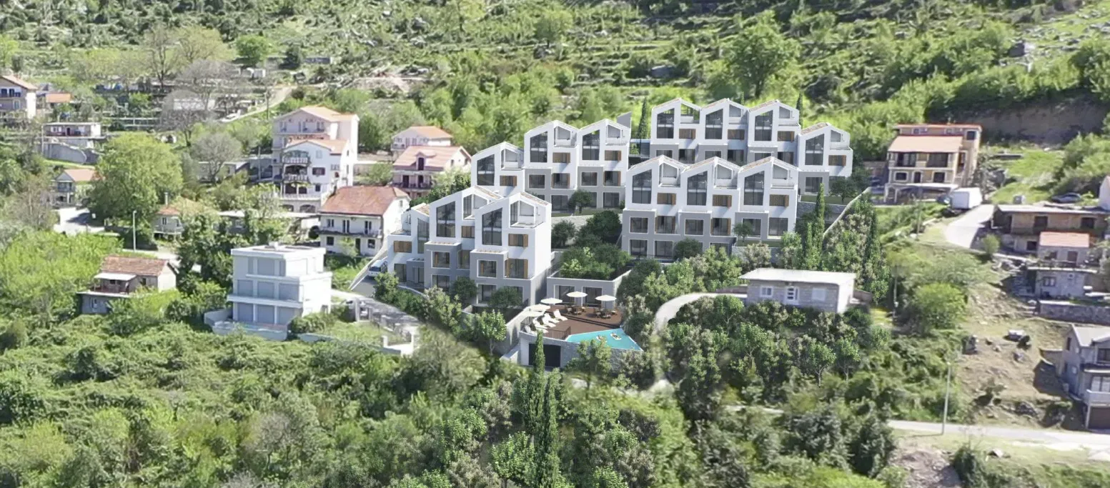 3D render novog stambenog kompleksa sa bazenom u zelenom okruženju.