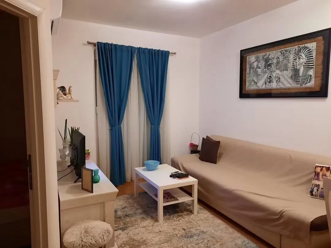 Living room with sofa, coffee table and TV unit.