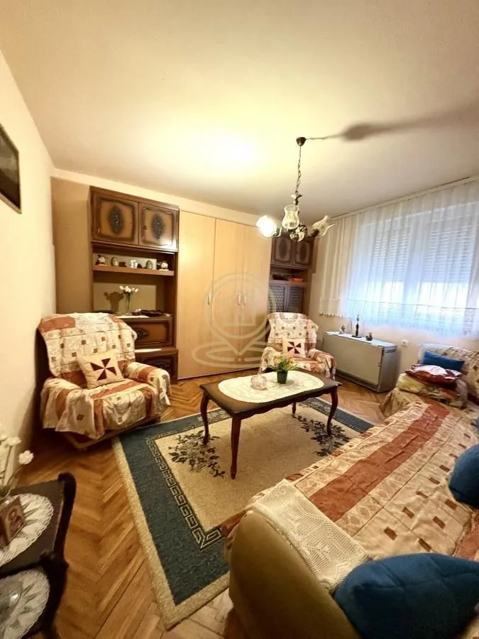 Dnevna soba sa garniturom za sedenje, stočićem i drvenim ormarima.
