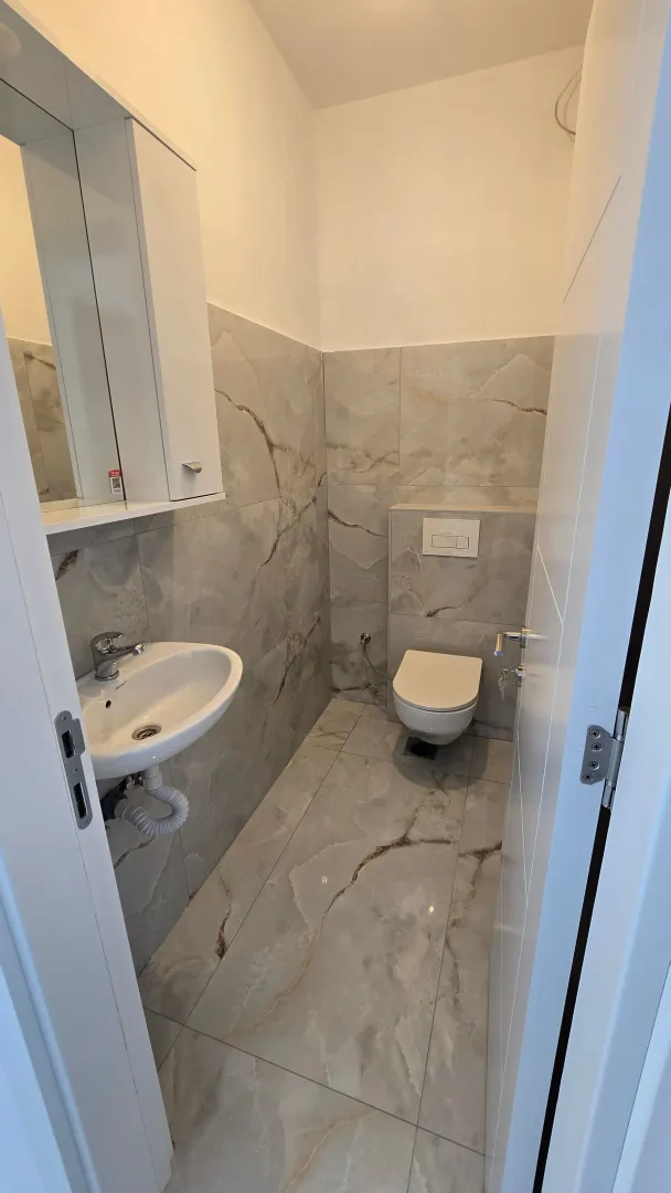 Manje kupatilo sa umivaonikom, ugradnim WC šoljom i zidnim ormarićem sa ogledalom.