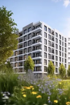 Exterior of a modern residential building with landscaped green space and balconies. - image 3