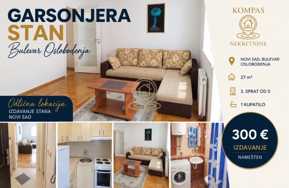 Izdavanje, jednosoban stan, 27m², Bulevar Oslobodjenja, Novi Sad Sve Podlokacije