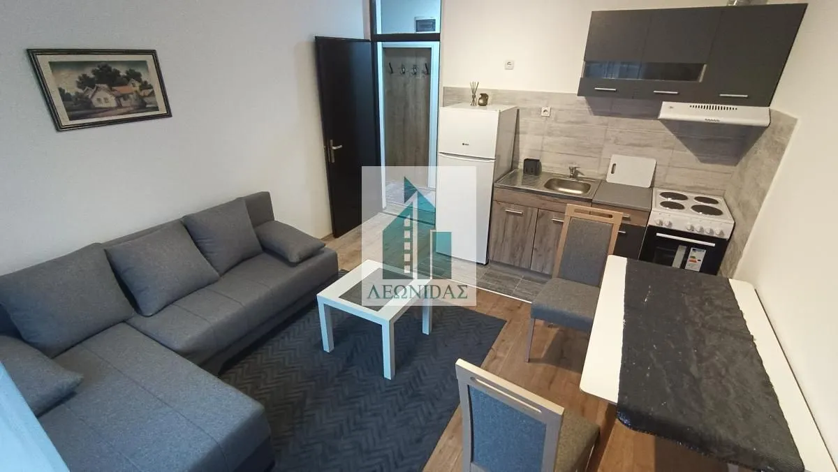 Living room with a sofa and a small kitchen.