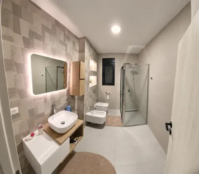 Modern bathroom with a sink, walk-in shower, and sanitary ware. - image 9