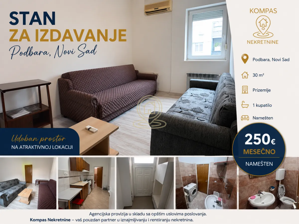 Izdavanje, jednosoban stan, 30m², Podbara, Novi Sad Sve Podlokacije