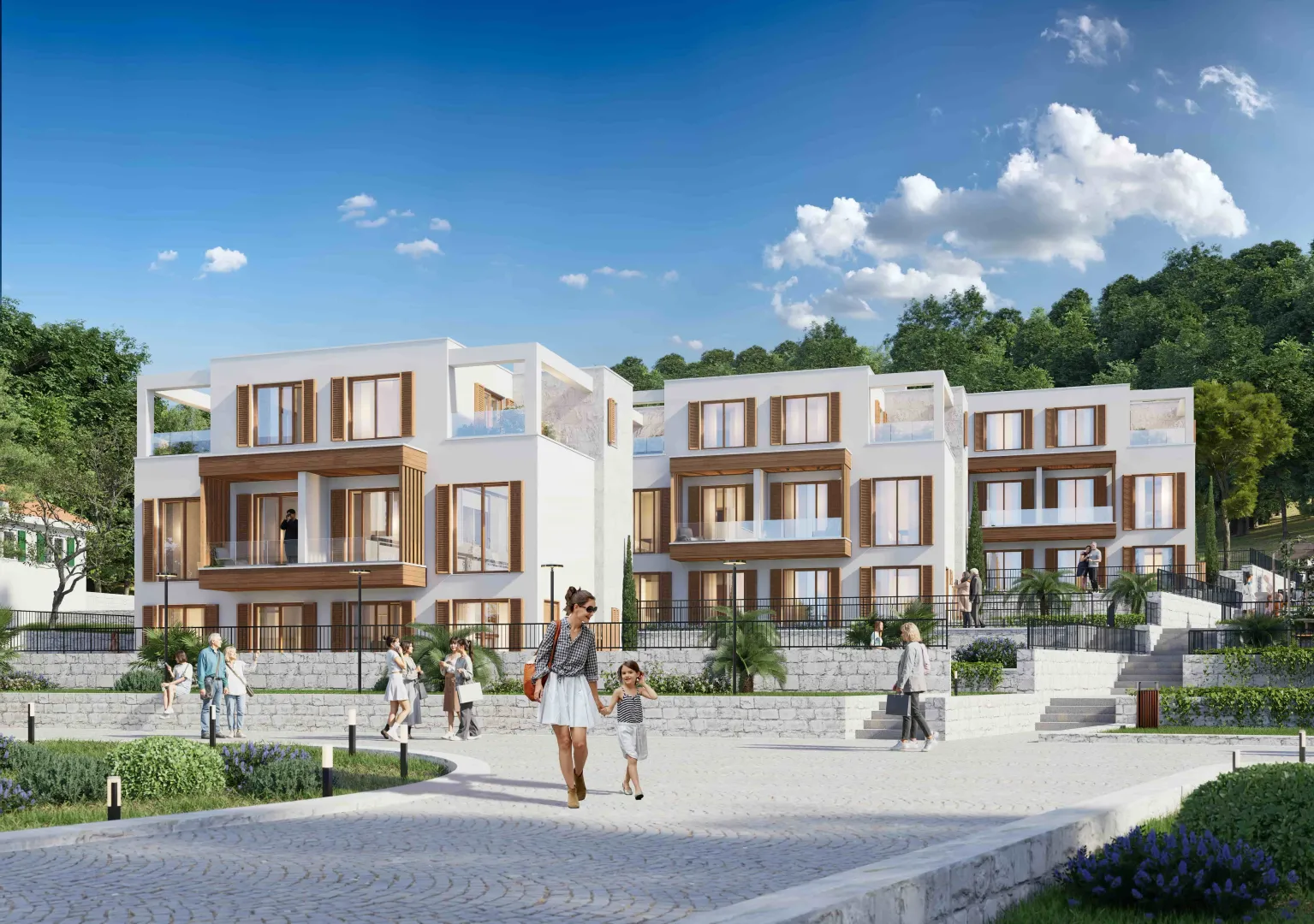 Eksterijer modernog stambenog kompleksa sa uređenim dvorištem i šetalištem.