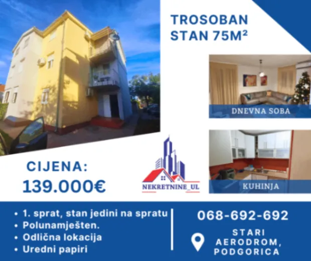Prodaja, trosoban stan, 75m², Stari Aerodrom, Podgorica