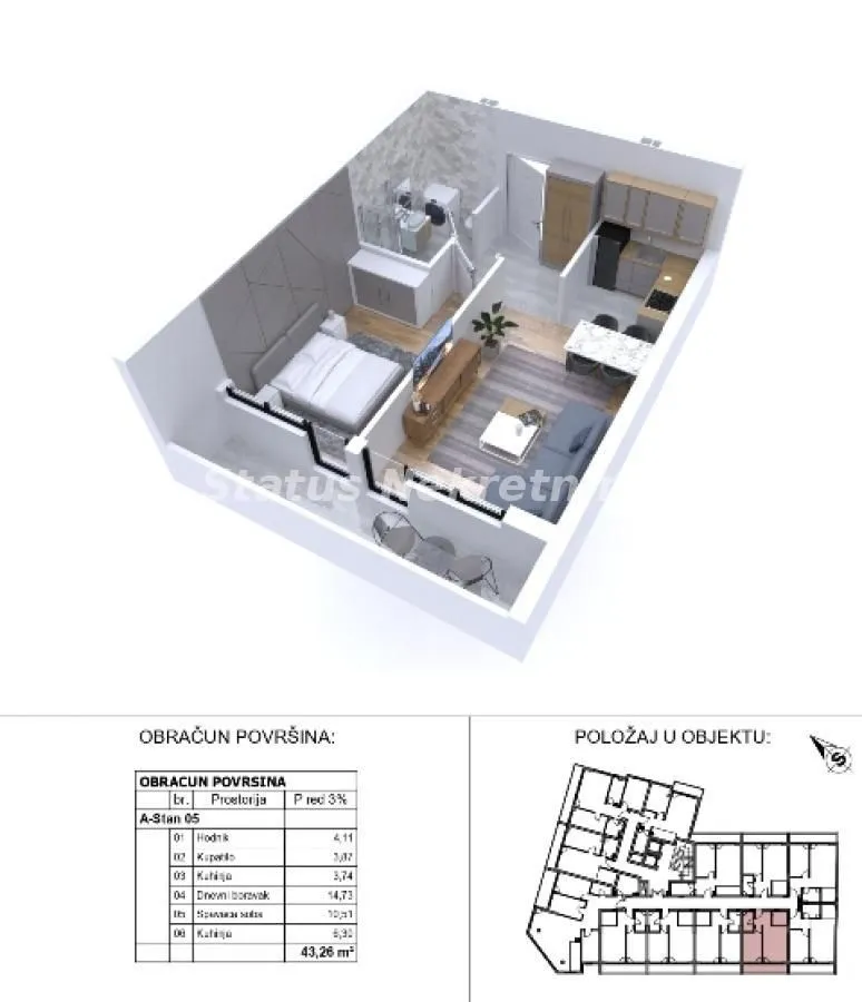 Sale, one bedroom apartment, 43m², Sajmište, Novi Sad