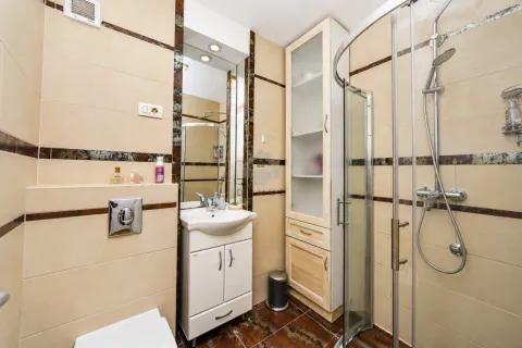 Bathroom equipped with a shower cabin, washbasin, and a built-in cabinet. - image 4