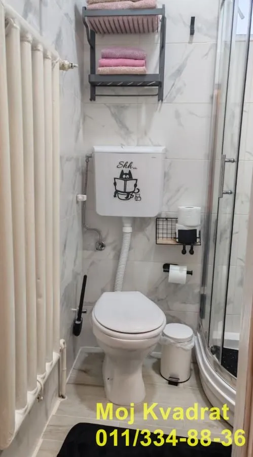 Manje kupatilo sa wc šoljom, tuš kabinom i radijatorom.