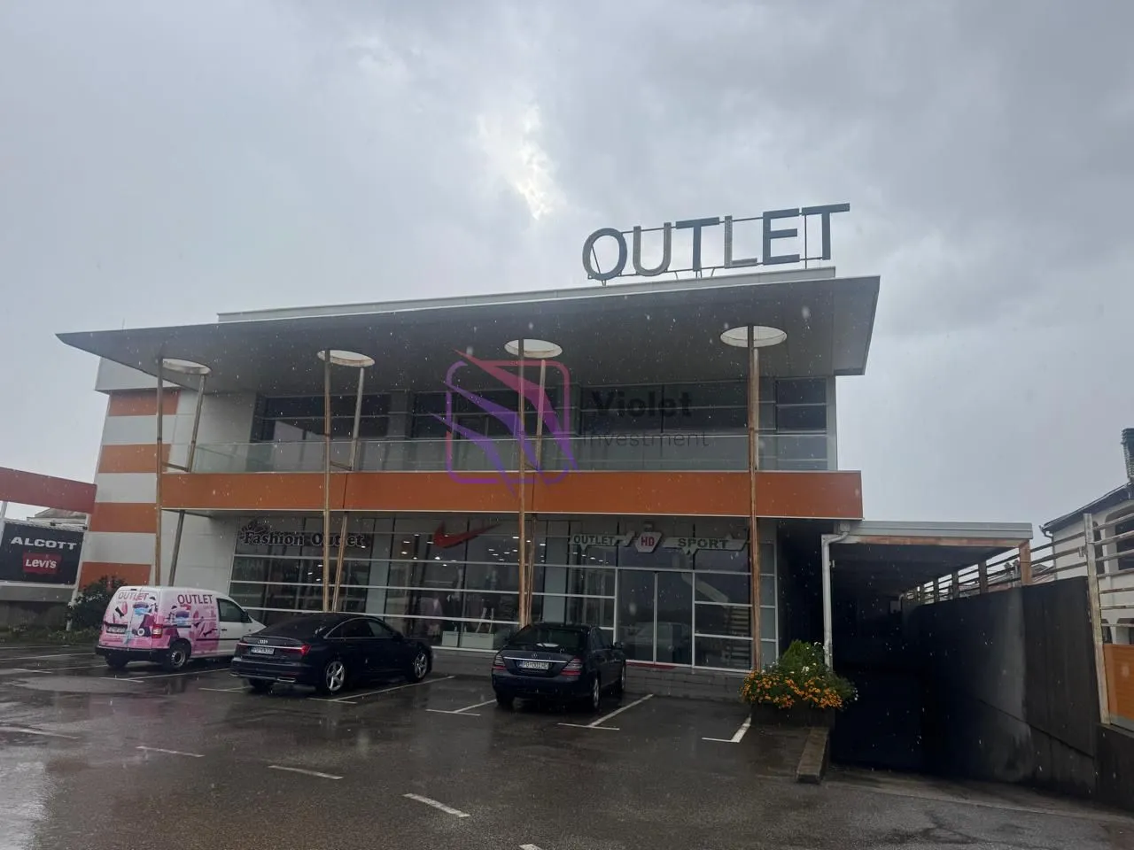 Exterior view of the commercial building with a parking lot in front.