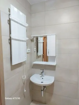 Manje kupatilo sa umivaonikom, ogledalom i bijelim zidnim radijatorom. - image 12