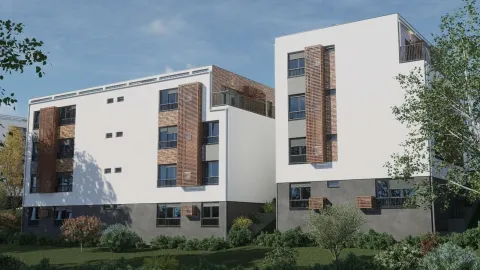 Pogled na spoljašnjost moderne stambene zgrade sa uređenim dvorištem. - image 17